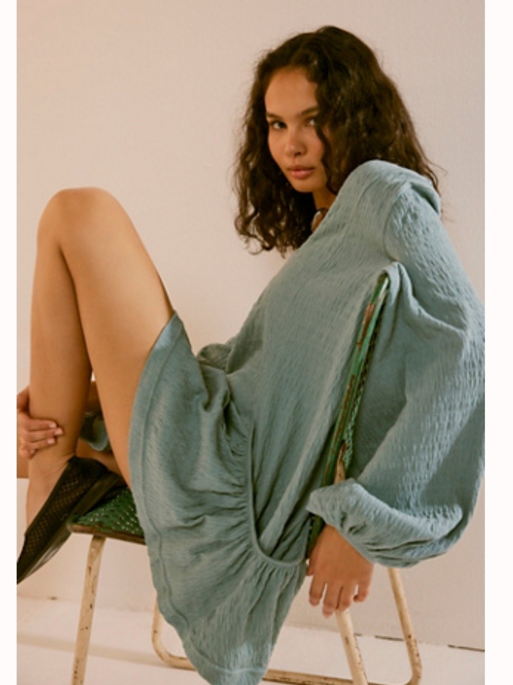 Free People Sage Green Long Sleeve Textured Mini Dress